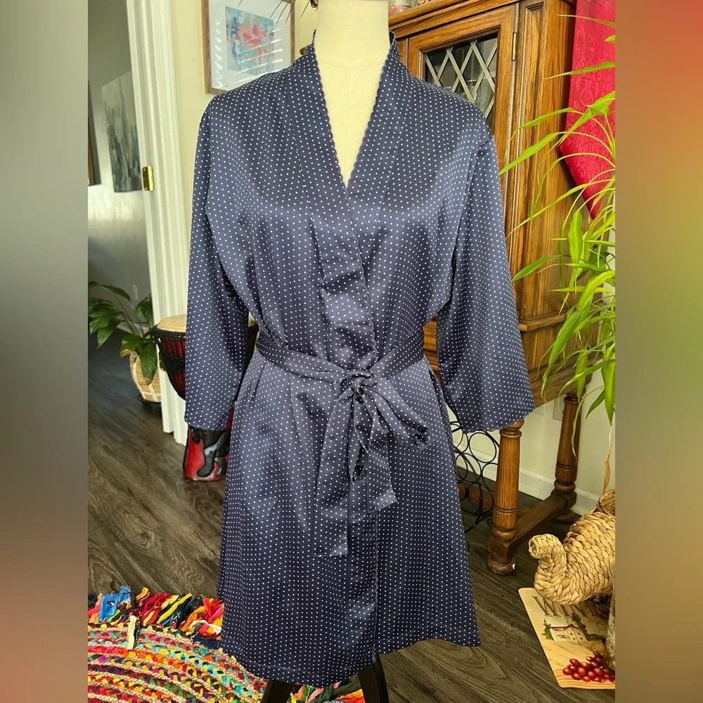 CABERNET Navy Polka Dot 3/4 Sleeve Short Belted Wrap Front Bathrobe